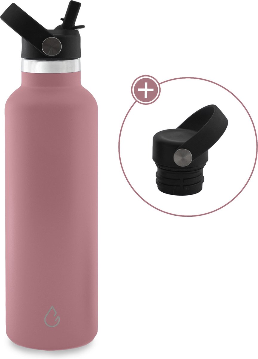 GO eco waterfles RVS roze 710 ml - extra dop met rietje - drinkfles - thermosfles - sport