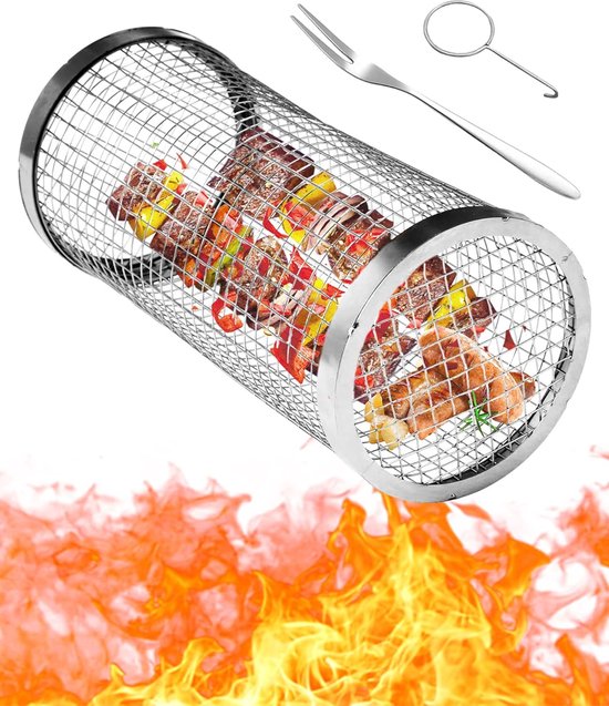 Rolling BBQ grillmand, roestvrij staal rotisserie, grill frituurmand, draaispies, mand, cilinder, grillmand, rek, ronde grillhouder, oven voor camping, buitengrill, kookgerei voor groenten en vis