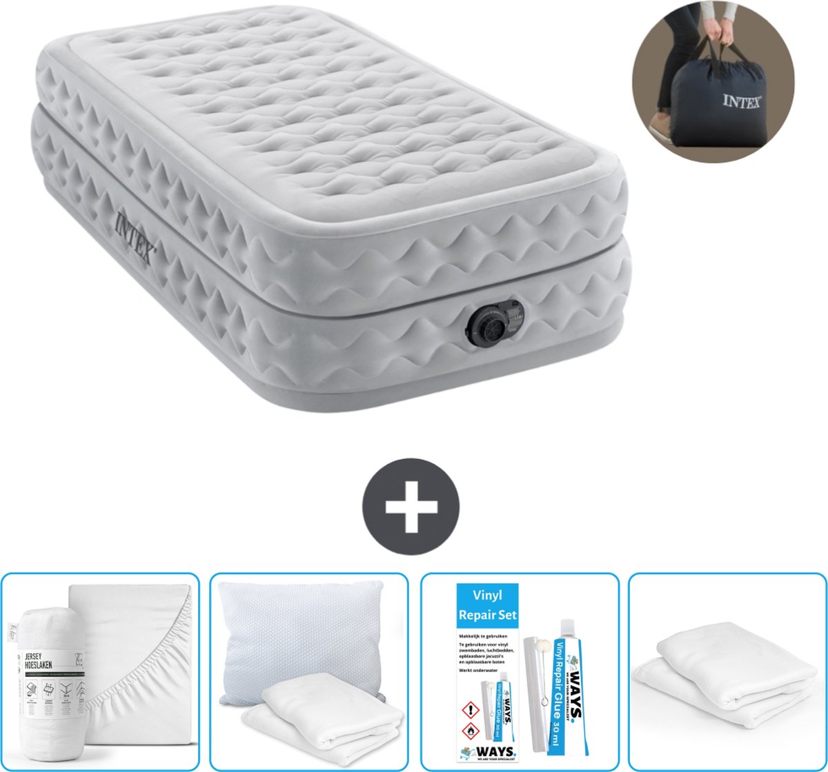 Intex Luchtbed - 1-Persoons - 99 x 191 x 51 cm - Grijs - Inclusief pomp - Hoeslaken - Kussen - Reparatieset en Kussenbeschermer