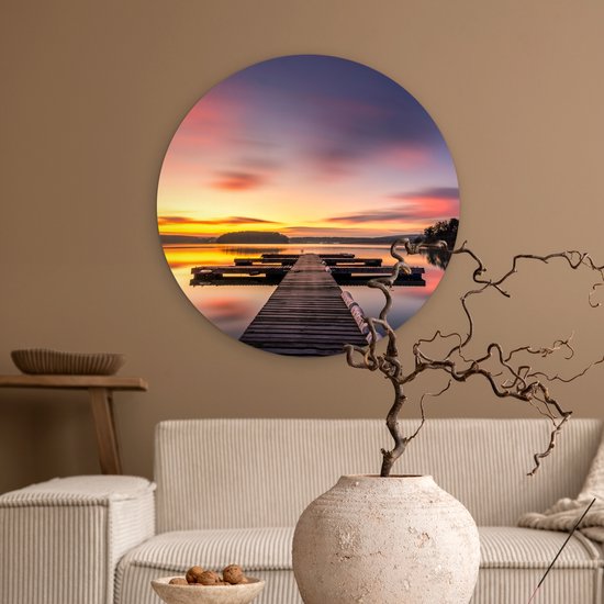Cercle mural - Cercle mural - Coucher de soleil - Water - Jetée - Paysage - Plastique - Tableaux ronds - Décoration murale ronde - 60x60 cm - Décoration murale murale - Cercle mural intérieur - Tableau rond