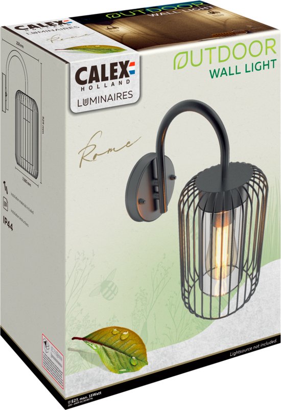 Verpakking van Calex Rome buitenlamp, zwart, met kooi-armatuur en een lamp.