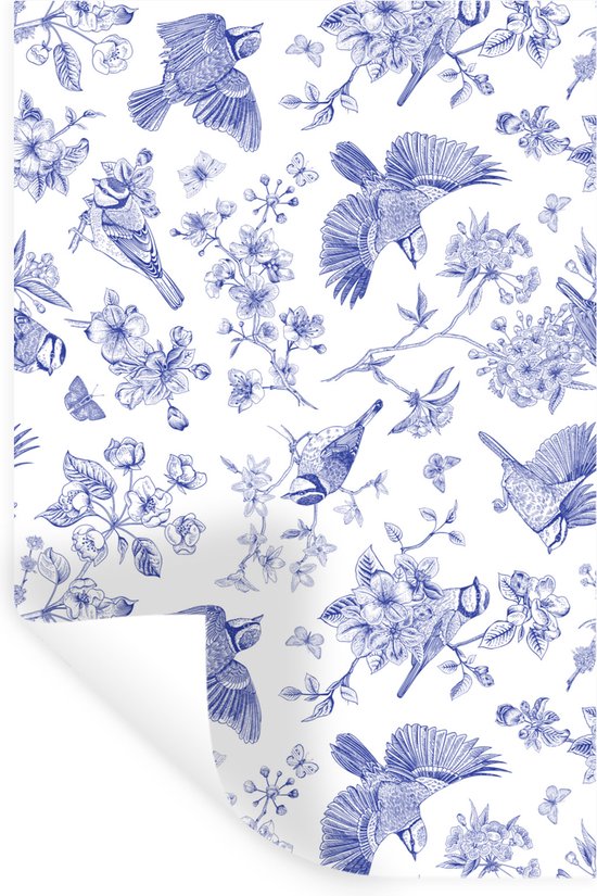 Stickers muraux - Vintage - Vogel - Fleurs - Blauw - 80x120 cm - Film Adhésif