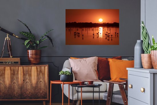 Sticker Muursticker Camargue - Coucher de soleil avec des flamants roses en Camargue - 90x60 cm - film autocollant - sticker mural repositionnable