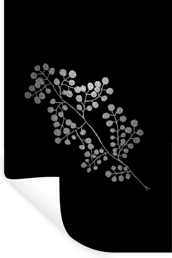 Muurstickers - Sticker Folie - Tak met ronde bladeren op een zwarte achtergrond - zwart wit - 20x30 cm - Plakfolie - Muurstickers Kinderkamer - Zelfklevend Behang - Zelfklevend behangpapier - Stickerfolie