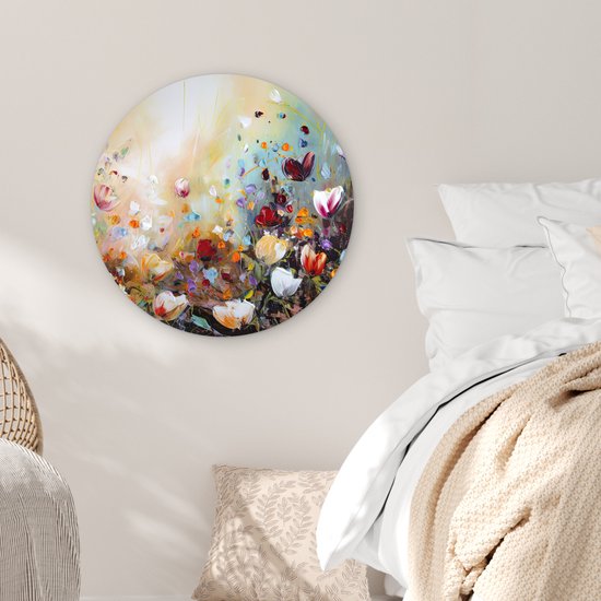 WallCircle - Cercle mural - Cercle mural intérieur - Peinture à l'huile - Fleurs - Coloré - Nature - 60x60 cm - Décoration murale - Peintures ronds