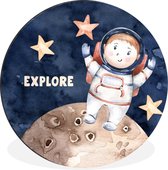 WallCircle - Wandcirkel - Muurcirkel - Spreuken - Quotes - 'Explore' - Astronaut - Jongens - Meisjes - Kinderen - Aluminium - Dibond - ⌀ 90 cm - Binnen en Buiten