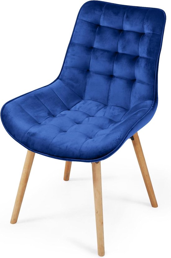 Eetkamerstoel - Eetkamerstoelen - Keukenstoelen - Eetstoel - 6 kg - Fluweel - Hout - Met rugleuning - Retro stoel - Set van 8 - Blauw - 59.5 x 54 x 84 cm