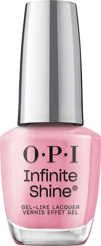 Flesje OPI Infinite Shine lak in de kleur 'Flamingo Your Own Way', op een witte achtergrond.