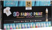 Premium 3D Fabric paint pen set(24 stuks)- incl. 3 penselen | wasbestendig-Acrylstiften- 3D Markers-Hobbyverf- textielverf-voor canvas, hout, keramiek, stof en ambachten - Rijke pigmenten met duurzame kwaliteit - voor DIY Festival Decoraties