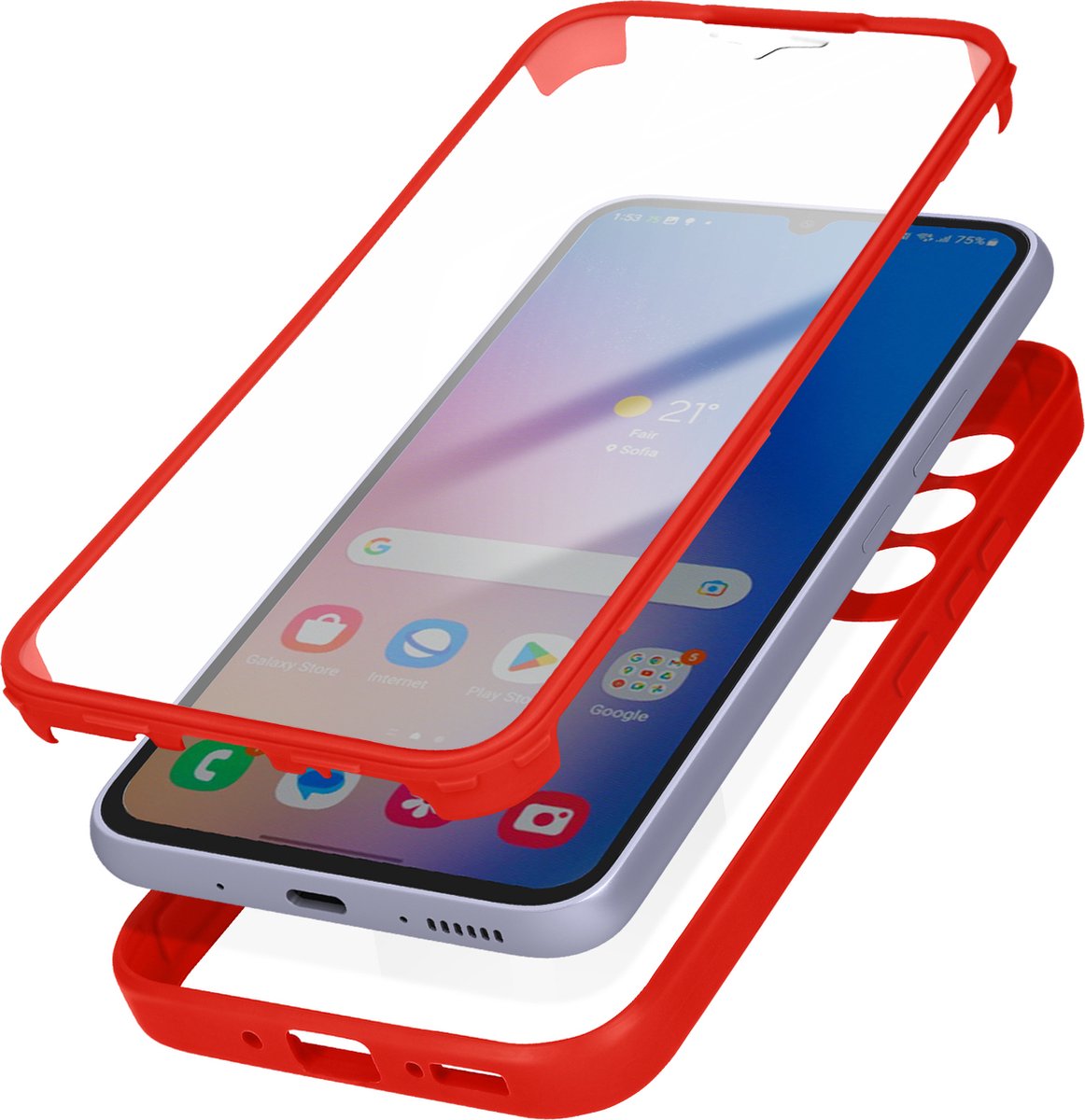 Geschikt voor Samsung A34 5G integrale hoes Achterkant plexiglas omtrek Rood