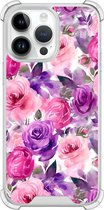 Casimoda® hoesje - Geschikt voor iPhone 14 Pro Max - Rosy Blooms - Shockproof case - Extra sterk - TPU/polycarbonaat - Paars, Transparant