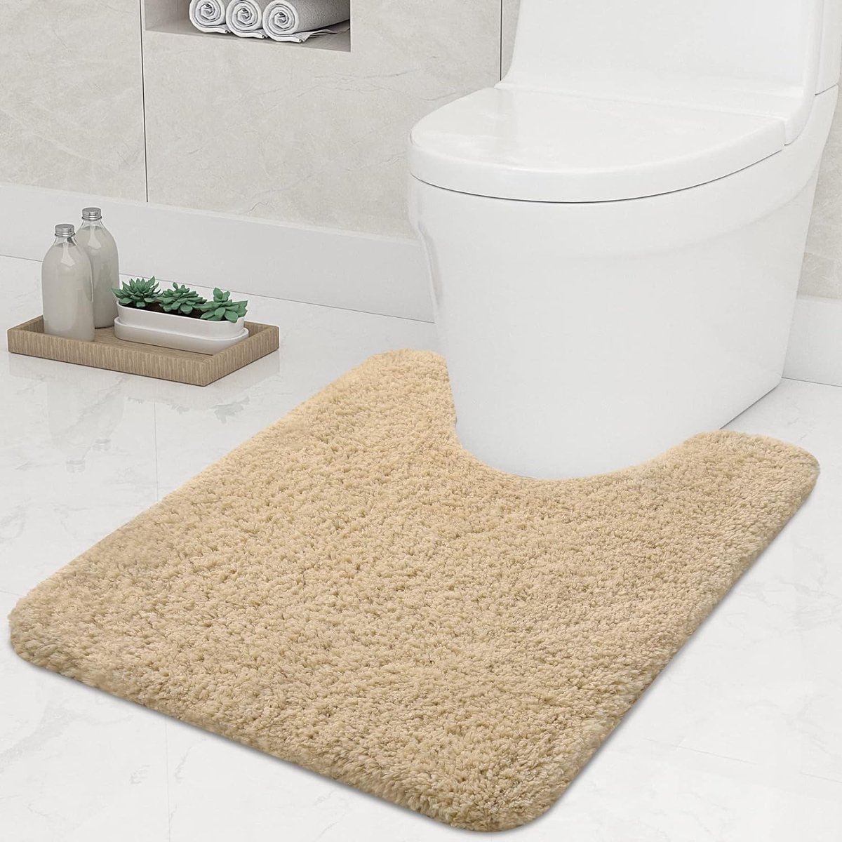 Antislip zachte mat toilet met uitsparing 51 x 61 cm, absorberende badmat, staande wc, wasbare badmat voor toilet, beige