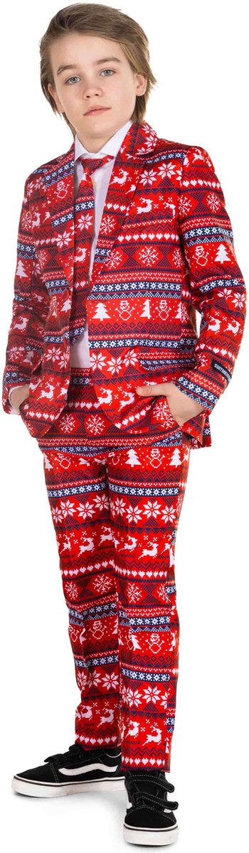 Suitmeister Kids Nordic Pixel Red - Jongens Kerstpak - Kerst Kostuum - Rood - 8-10 jaar - Maat: M