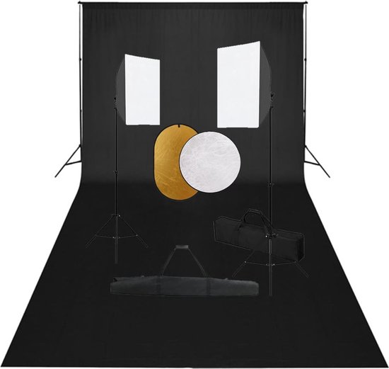 Foto: Vidaxl studioset met telescopisch achtergrondsysteem 600x300 cm stalen statief softboxlampen reflectoren draagtas fotostudio set