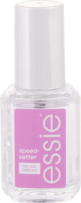 Essie Speed Setter Top Coat nagellak met witte dop en paars/roze label.