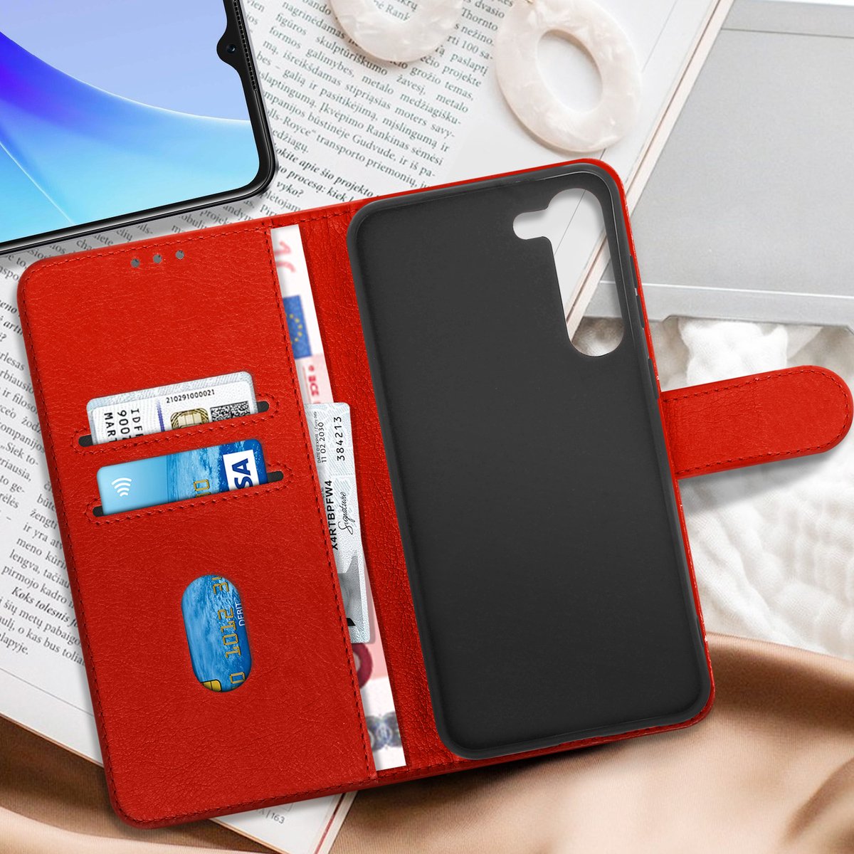 Avizar Foliohoes Geschikt voor Galaxy S23 portefeuille en videohouder, Rood