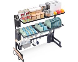 Kingrack 3 Levels Adjustable in Length and Height, Dishwasher Table Over the Sink, Large Capacity Dishwasher with Cutlery Basket, Hooks, Cup Holder, etc., Black