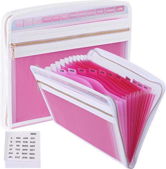Documentenmap A4 13 vakken, uitbreidbare ordners met ritssluiting, draagbaar kunststof papierwerk met tags voor kantoor en school (roze) - Merkloos