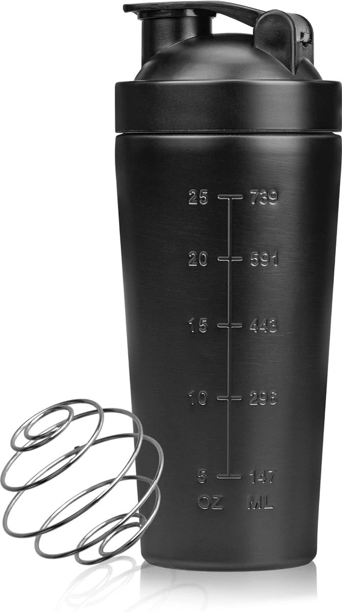 Goedkoopste Proteïneshaker, 750 ml, shaker, roestvrij staal, met shakebal, voor sport en fitness, zwart