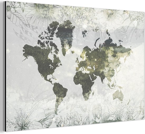 Décoration murale Métal - Peinture Aluminium - Wereldkaart - Fleurs - Jaune - 120x80 cm