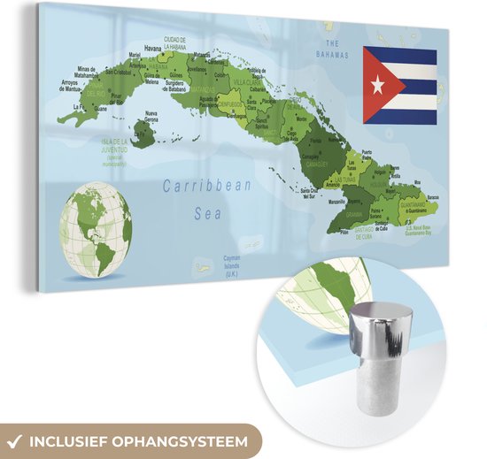 MuchoWow® Glasschilderij 40x20 cm - Schilderij acrylglas - Een illustratie van de landkaart van Cuba - Foto op glas - Schilderijen
