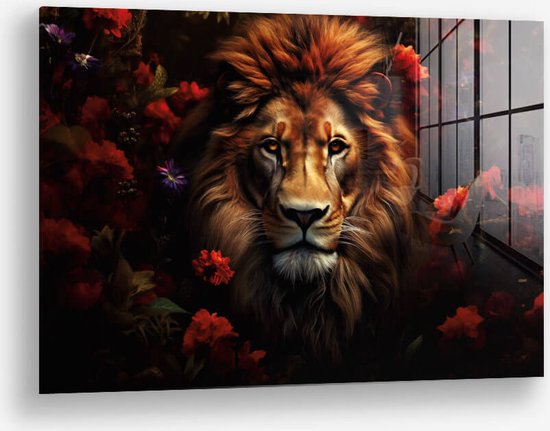 Wallfield™ - Flower Lion HZ | Glasschilderij | Gehard glas | 60 x 90 cm | Magnetisch Ophangsysteem