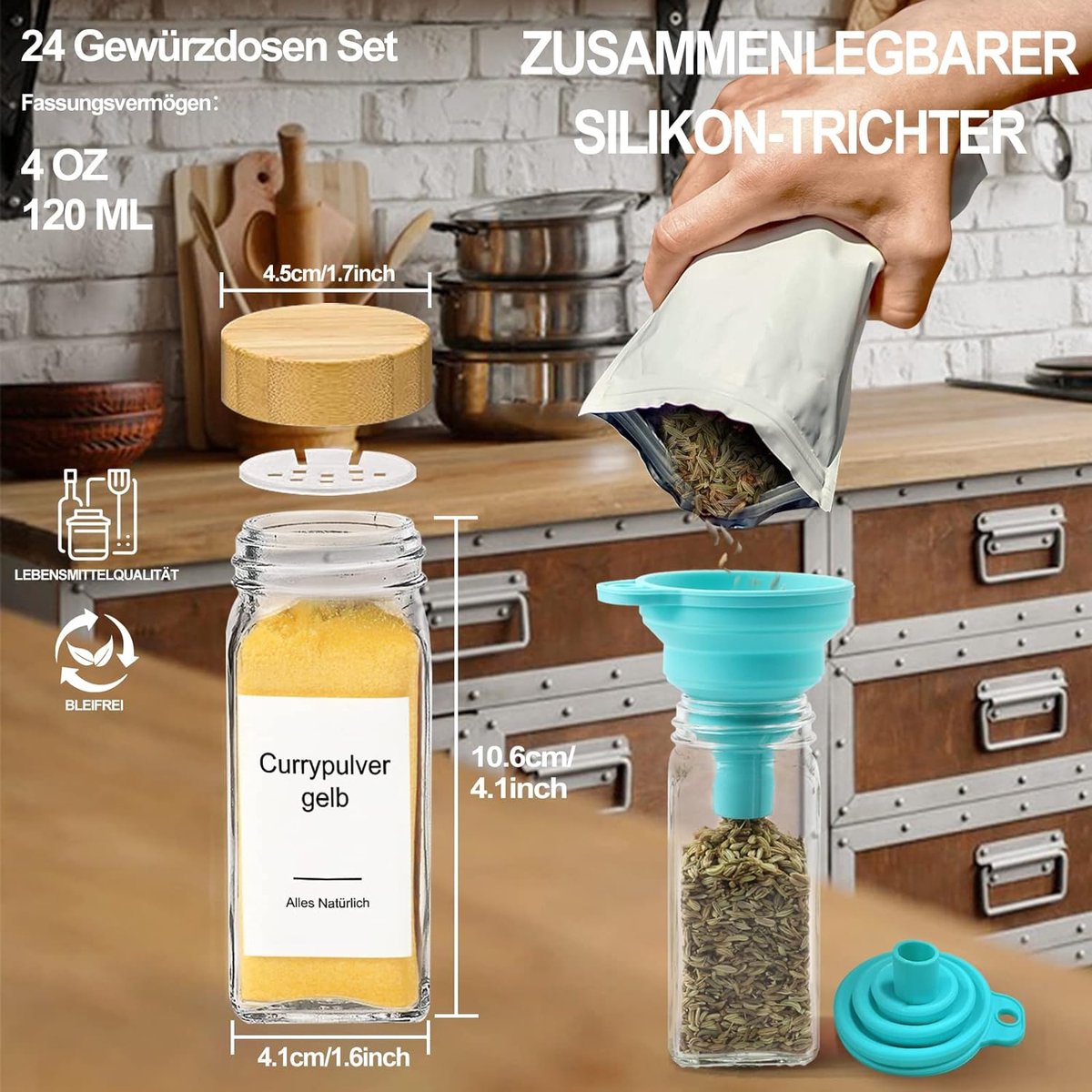 Lot De 4 Pots à épices Transparents - Avec Cuillères, étiquettes Et Base Anti-dérapante