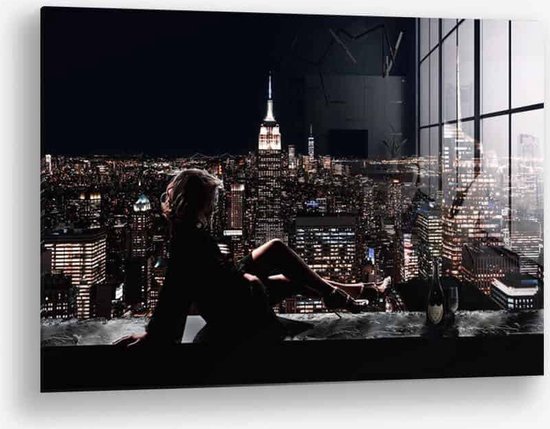 Wallfield™ - Manhattan Lady | Glasschilderij | Muurdecoratie / Wanddecoratie | Gehard glas | 40 x 60 cm | Canvas Alternatief | Woonkamer / Slaapkamer Schilderij | Kleurrijk | Modern / Industrieel | Magnetisch Ophangsysteem