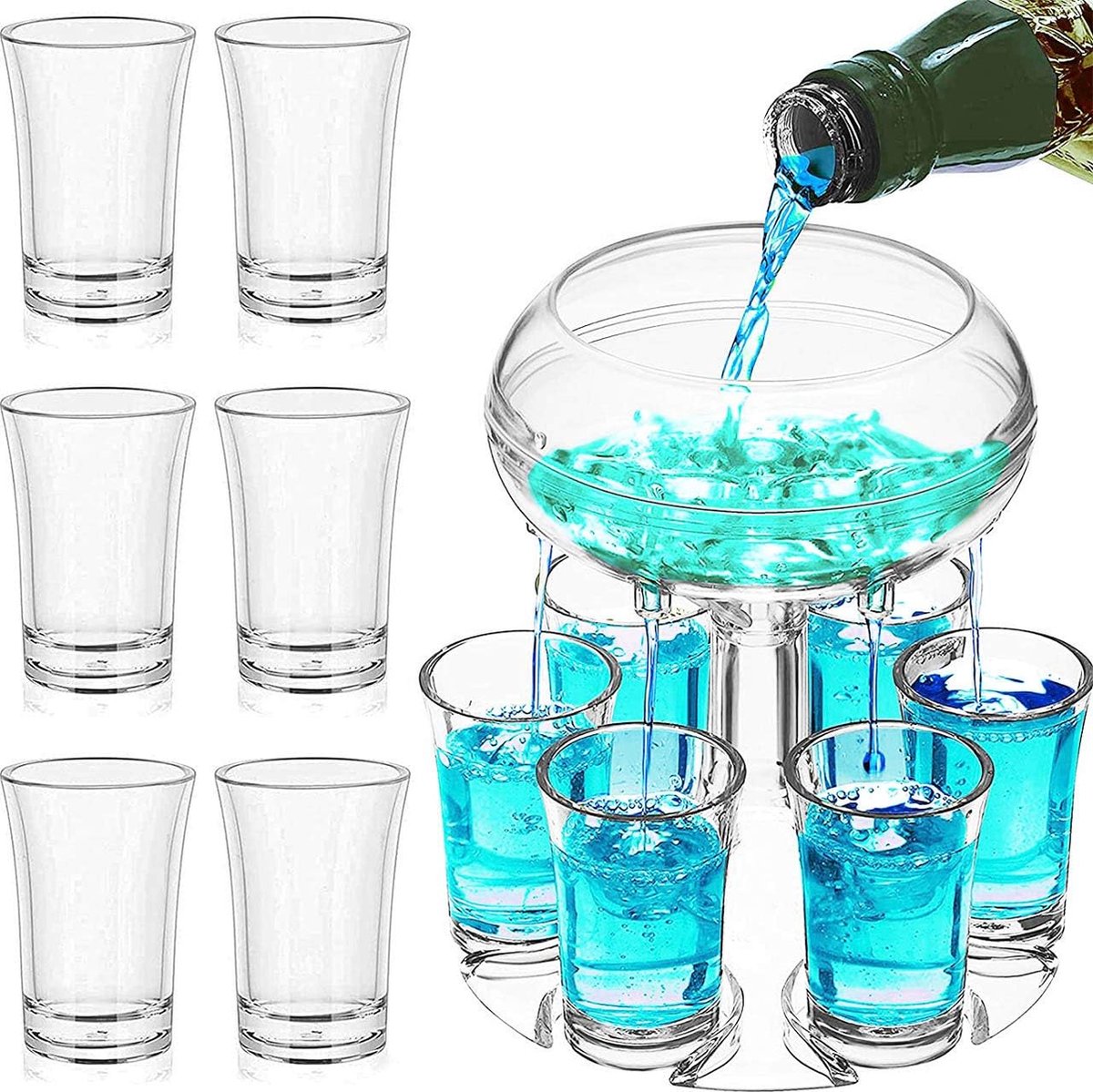 The Olive Tree Shot Borrelglasdispenser en houder met 6 borrelglaasjes 45 ml acryldrankdispenser voor sap, sterke drank, cider, whisky, gin, cocktail, leuke baraccessoire, cadeau