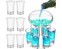 The Olive Tree Shot Borrelglasdispenser en houder met 6 borrelglaasjes 45 ml acryldrankdispenser voor sap, sterke drank, cider, whisky, gin, cocktail, leuke baraccessoire, cadeau