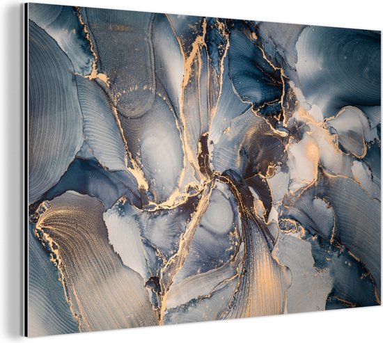 Wanddecoratie Metaal - Aluminium Schilderij Industrieel - Marmer - Grijs - Blauw - Luxe - Goud - 150x100 cm - Dibond - Foto op aluminium - Industriële muurdecoratie - Voor de woonkamer/slaapkamer