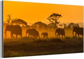 Décoration murale Métal - Peinture Aluminium Industriel - Troupeau d'éléphants au lever du soleil - 160x80 cm - Dibond - Photo sur aluminium - Décoration murale industrielle - Pour le salon/chambre