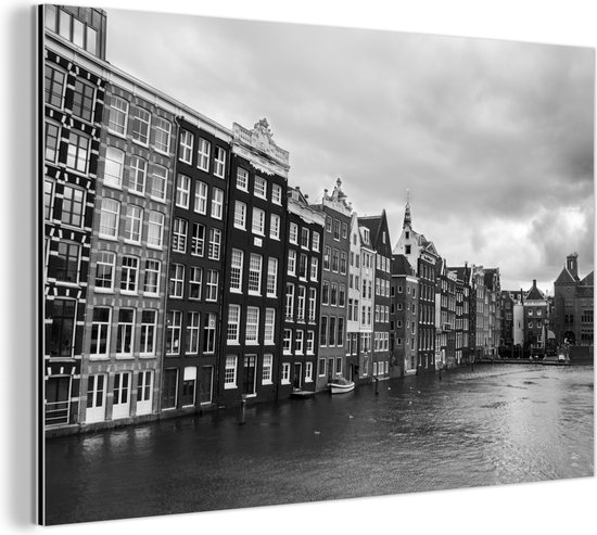 Wanddecoratie Metaal - Aluminium Schilderij Industrieel - Amsterdamse grachten zwart-wit fotoprint - 90x60 cm - Dibond - Foto op aluminium - Industriële muurdecoratie - Voor de woonkamer/slaapkamer