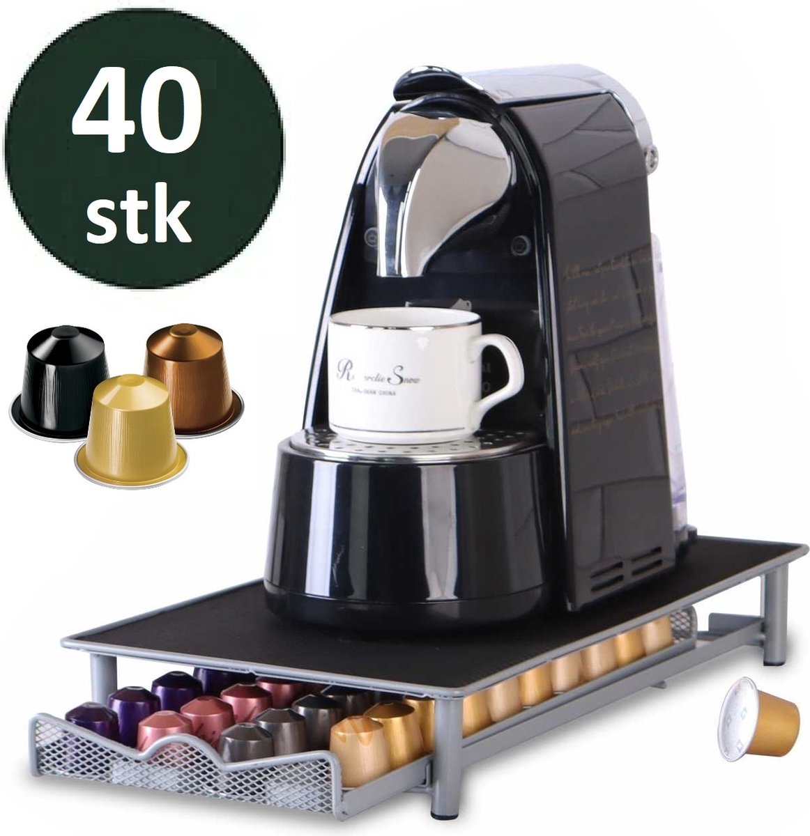 Cheffinger - Nespresso Capsule Houder met Lade - 40 Cups - Cuphouder - Espresso Koffie Pad en Cups Houder - Zwart