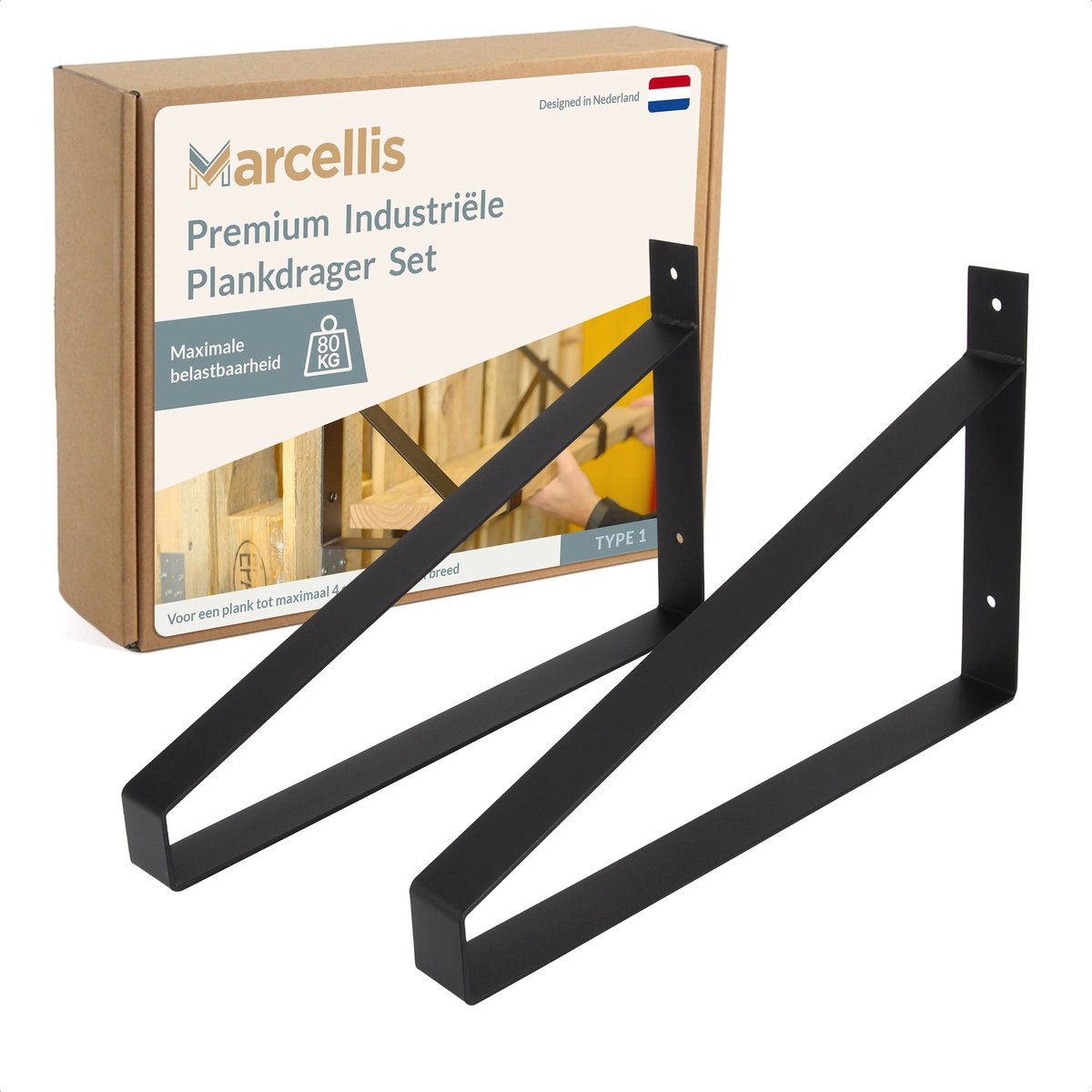 Marcellis - 2x Industriële plankdrager XXL - Voor plank 40cm + schroefset - mat zwart - staal - T1