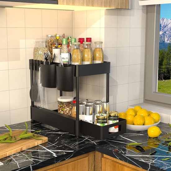 Keukenorganizer, 2 Etages, Onder De Wastafel, Rek Met Haken En Kopjes Kruidenrek Spoelkast Organizer Keukenrek Kast Organizer Voor Badkamer Keuken Wit Set Van 2