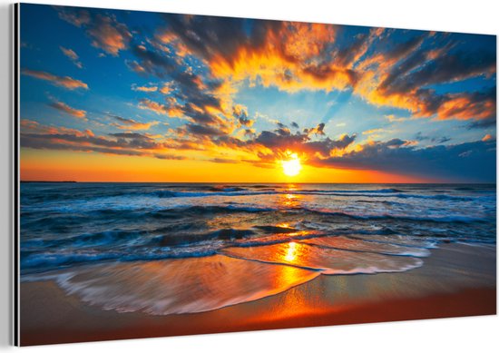 Décoration murale Métal - Peinture Aluminium Industriel - Mer - Coucher de soleil - Plage - Nuages ​​- Oranje - 160x80 cm - Dibond - Photo sur aluminium - Décoration murale industrielle - Pour le salon/chambre