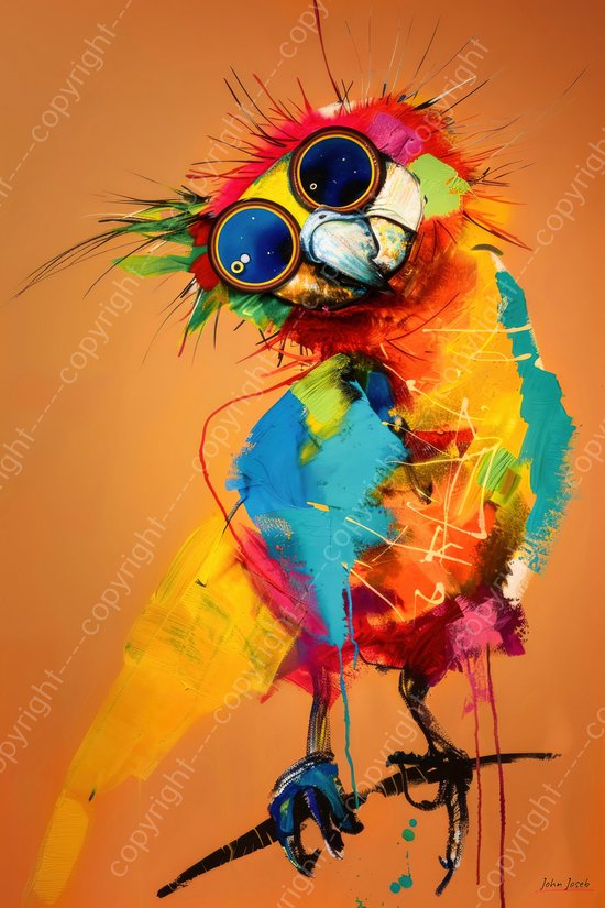 JJ-Art (Canvas) 90x60 | Papegaai op tak met bril, grappig, gek, humor, abstract, kleurrijk kunst | dier, vogel, blauw, geel, rood, oranje, modern | Foto-Schilderij canvas print (wanddecoratie)