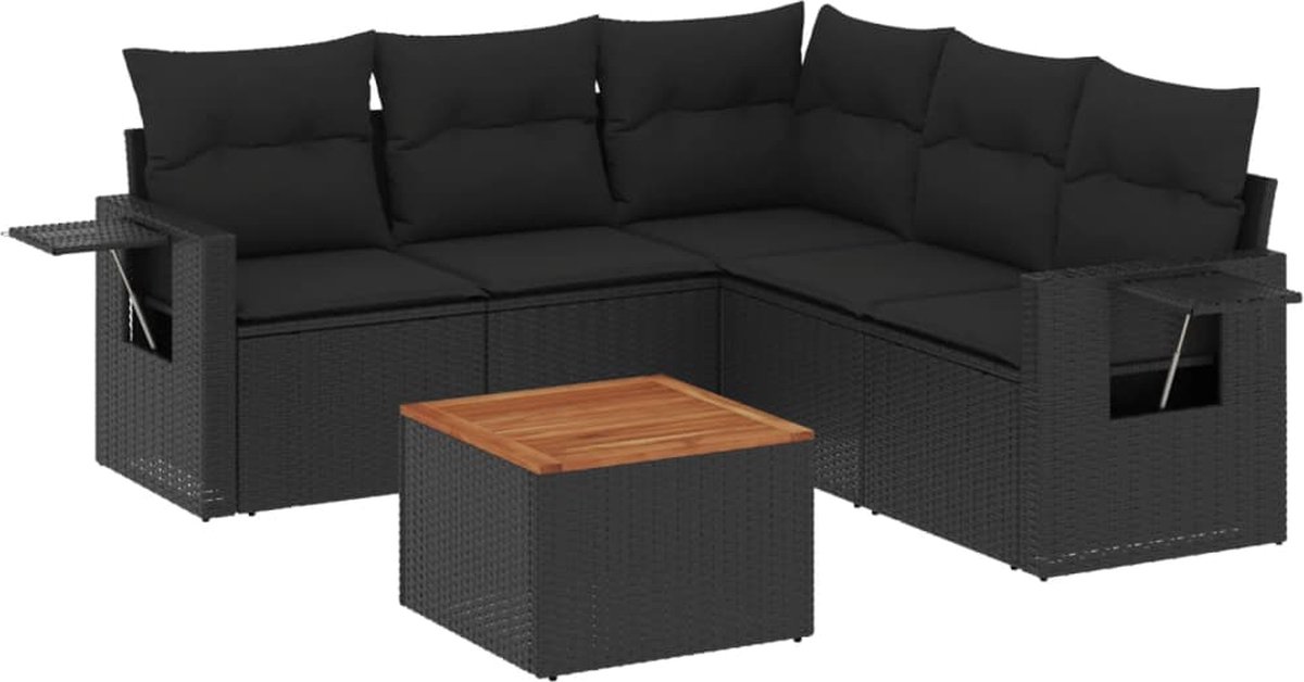 vidaXL 6-delige - Loungeset - met - kussens - poly - rattan - zwart