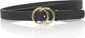 Take-it 2 cm zwarte dames riem met dubbele ringen gesp - smalle riem - zwart - 100% leer - gouden ringen - Maat 105 - Totale lengte riem 120 cm