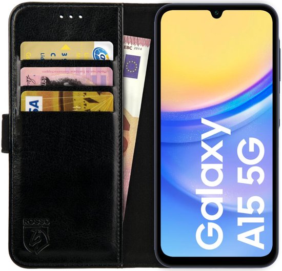 Rosso Element Book Case Wallet Hoesje Geschikt voor Samsung Galaxy A15 | Portemonnee | 3 Pasjes | Magneetsluiting | Stand Functie | Zwart