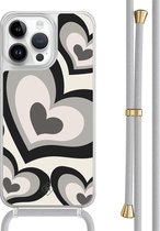 Casimoda® hoesje met grijs koord - Geschikt voor iPhone 13 Pro Max - Hart Swirl Zwart - Afneembaar koord - TPU/polycarbonaat - Zwart