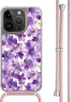 Casimoda® hoesje met rosegoud koord - Geschikt voor iPhone 14 Pro - Floral Violet - Afneembaar koord - TPU/polycarbonaat - Paars