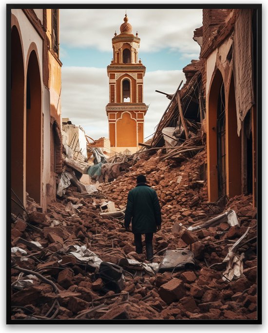 Marrakesh aardbeving fotolijst met glas 40 x 50 cm - Prachtige kwaliteit - aardbeving - stad - Marrakesh - Harde lijst - Glazen plaat - inclusief ophangsysteem - Poster - Foto op hoge kwaliteit uitgeprint
