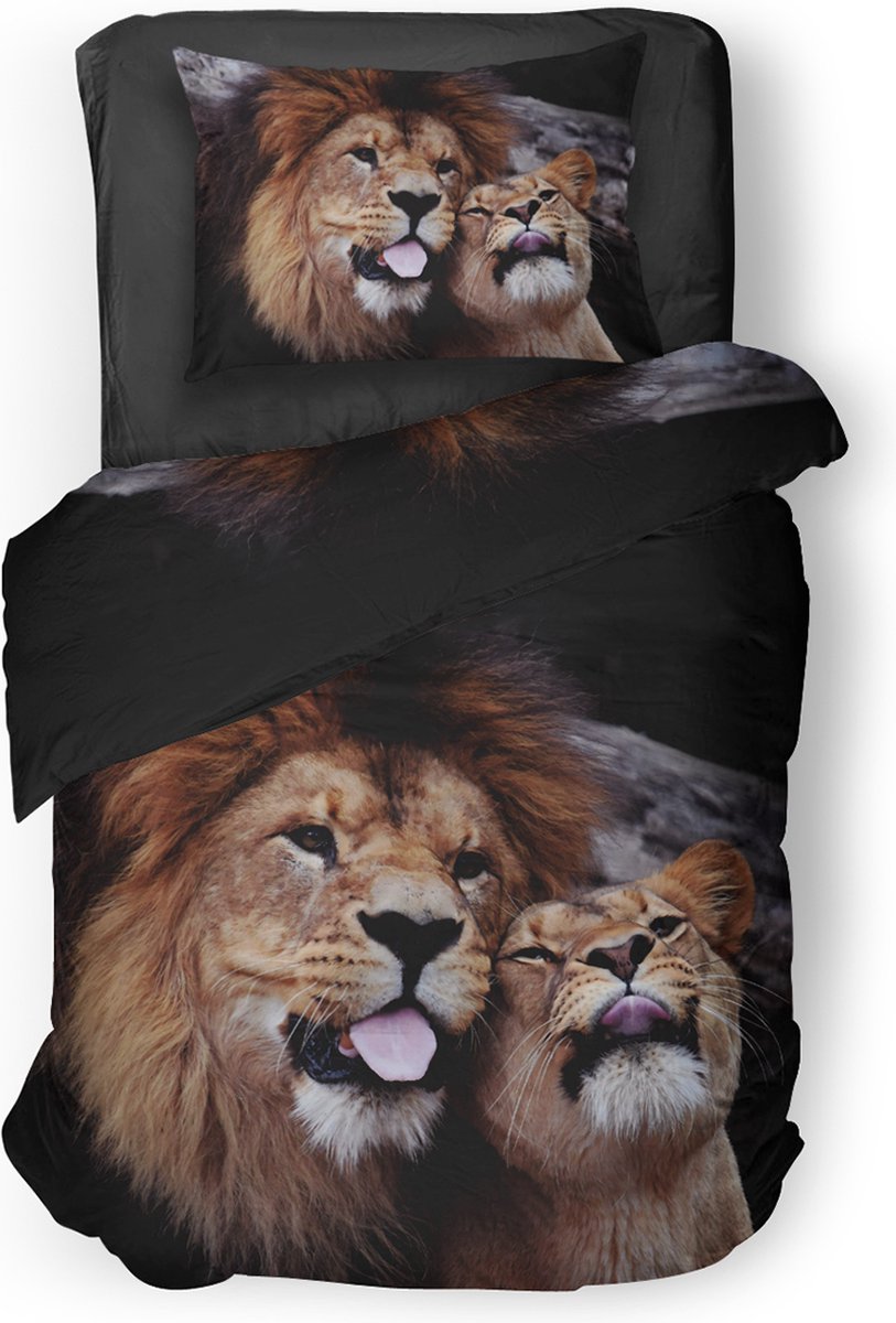 Eleganzzz Dekbedovertrek Wild Lion - zwart - Dekbedovertrek 140x200/220cm - Micropercal - Eenpersoons - Dekbedovertrekken - Leeuwen Dekbedovertrek - Dieren Dekbedovertrek
