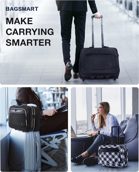 Ponhog Rollende laptoptas met wielen voor dames - rollende aktetas 17,3 inch laptoptas goedgekeurde trolleytas handbagage voor werk, reizen, universiteit, computer, bedrijf, lichtgewicht, zwart