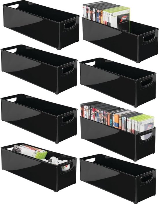 Set van 8 stapelbare dvd-opbergdozen - opbergsysteem met handgrepen voor dvd's, cd's en videogames - praktische plastic opbergdoos - zwart