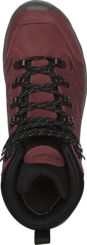 Bovenkant van een burgundy mid-top wandelschoen met zwarte veters, zwart gevoerd interieur en "Grisport" logo.