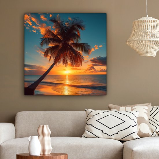 Canvas Schilderij 90x90 cm - Zonsondergang - Palmboom - Zee - Horizon - Strand - Muurdecoratie woonkamer - Woondecoratie - Kamer accessoires - Natuur schilderijen