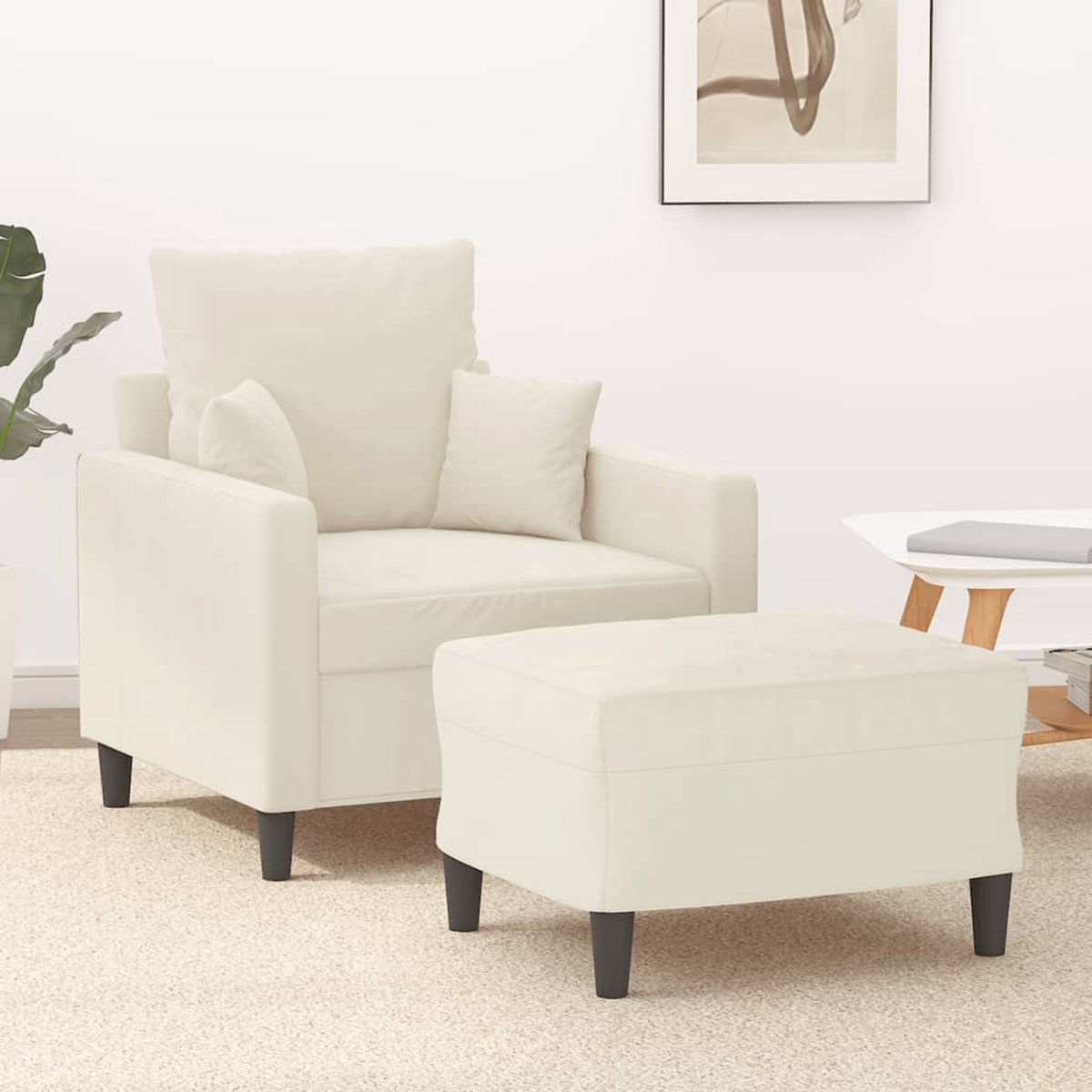 vidaXL Fauteuil - met - voetenbank - 60 - cm - fluweel - crèmekleurig